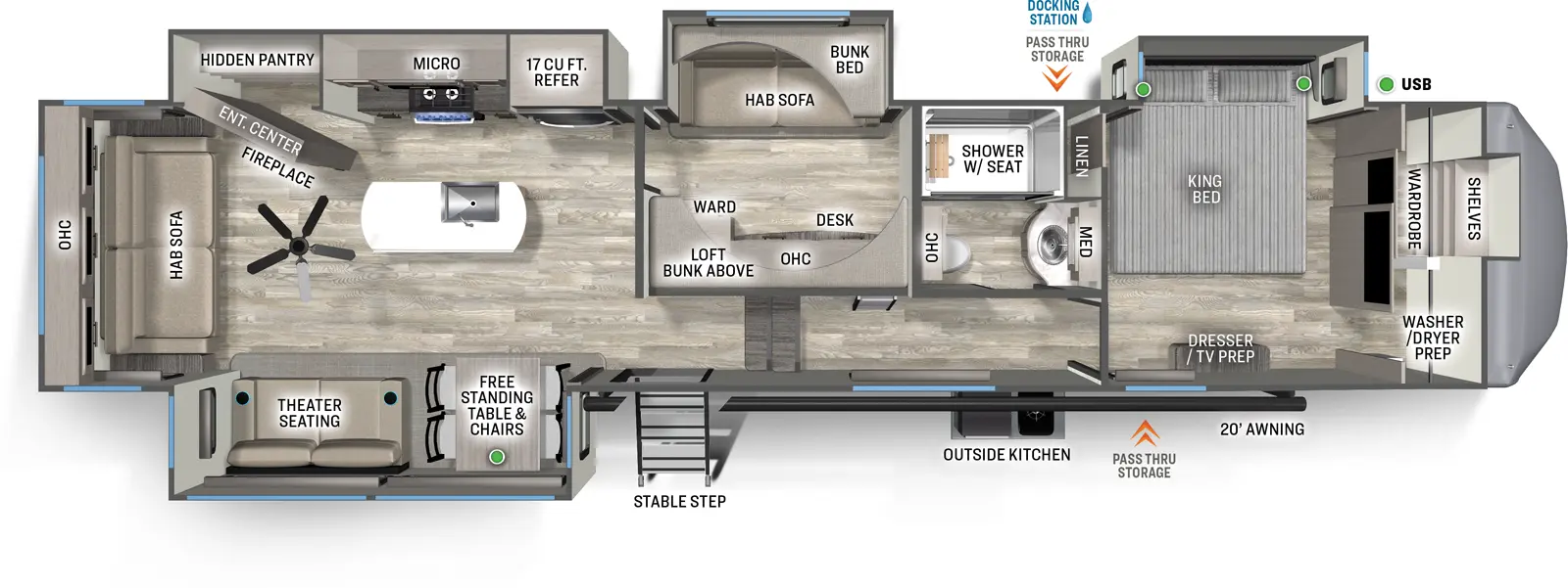 The 4003MB has four slideouts and one entry. Exterior features pass thru storage, 20 foot awning, outside kitchen, docking station, and stable step entry. Interior layout front to back: wardrobe with shelves and washer/dryer prep, off-door side king bed slideout, door side dresser with TV prep; off-door side full bathroom with linen closet, medicine cabinet, and overhead cabinet; ladder to loft above mid bunk room, and two steps down to main living area and entry; off-door side mid-bunk room with wardrobe and desk across from slideout with bunk above a hide-a-bed sofa; door side slideout with free-standing table and chairs, and theater seating; off-door side slideout with refrigerator, cooktop, microwave, overhead cabinet, and entertainment center with fireplace below and hidden pantry and shelves behind; kitchen island with sink and paddle fan; rear hide-a-bed sofa with overhead cabinet.